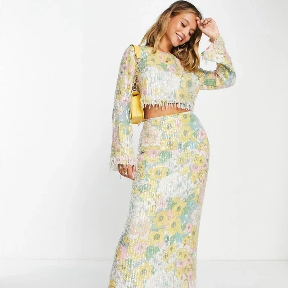 ASOS EDITION pastel floral print and sequin long sleeve top with fringe - Picture 4 of 13